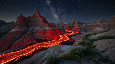 Nighttime desert landscape with glowing river, red rocks, and starry sky