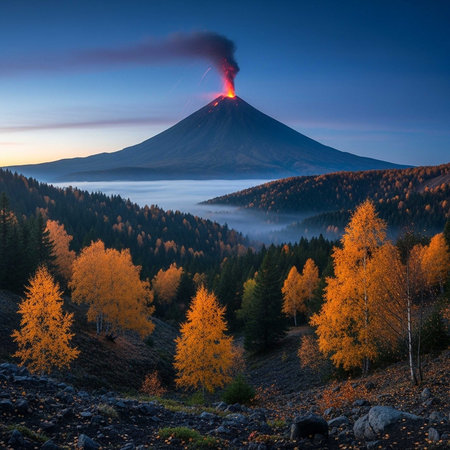Volcano erupting at twilight, autumn trees, misty lake, and forest