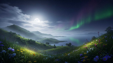 Nighttime scene with full moon, aurora, mountains, and wildflowers