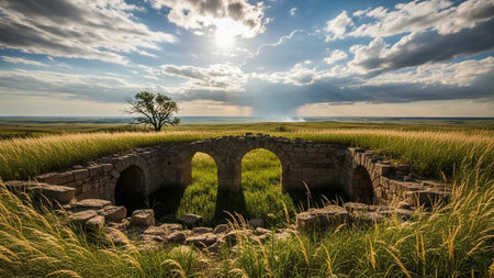 Abandoned stone arches in tall grass with a lone tree