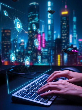 Hands typing on laptop with digital security icons