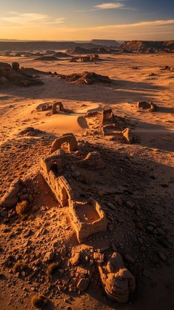 Desert ruins bathed in warm sunset lightの写真素材