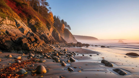 Rocky beach with smooth stones, cliffs, and ocean mist at sunsetの写真素材