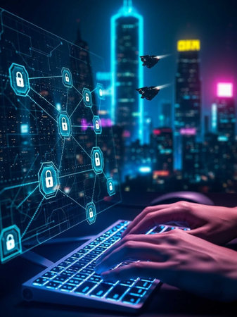 Hands typing on laptop keyboard with digital security icons