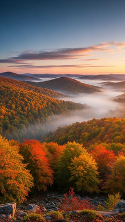 Vibrant fall foliage in a misty mountain landscape