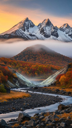 Snow-capped peaks, autumn foliage, and a waterfall in a scenic valleyの写真素材