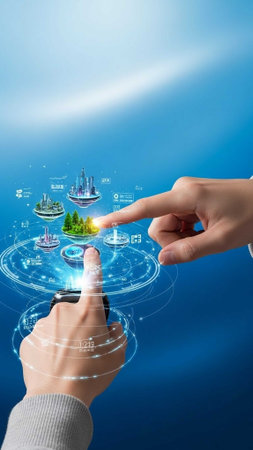 Two hands manipulating a 3D holographic world map