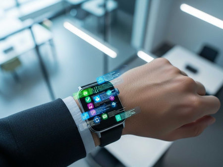 Close-up of smartwatch displaying colorful app icons on wrist in modern office setting