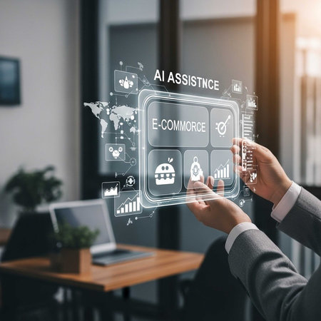 Person using holographic AI e-commerce interface in officeの写真素材