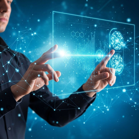 Person manipulating holographic screens with DNA data