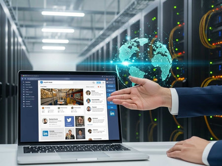 Man using laptop in server room with hologram