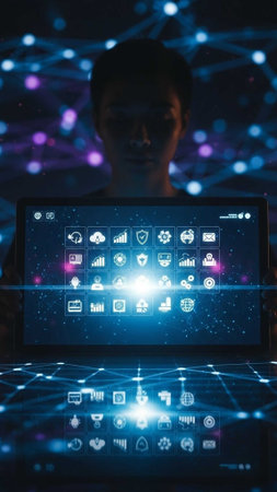 Laptop screen displaying glowing tech icons, futuristic background