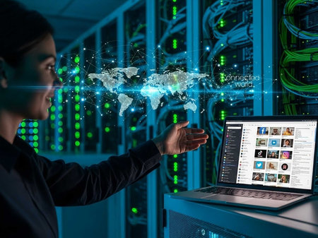 Person gesturing at hologram in blue server room