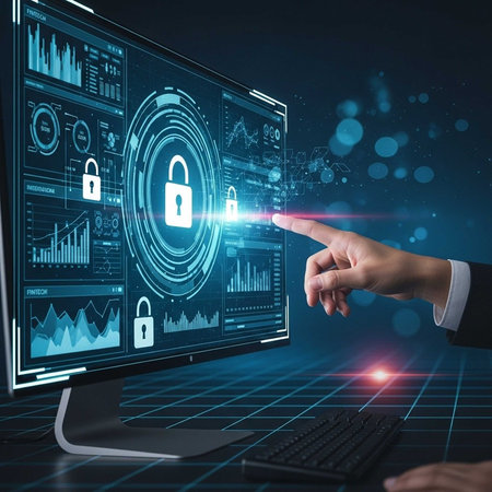 Hand pointing at a screen with security icons and data graphs