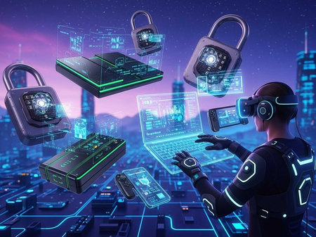 Person in VR headset interacting with digital locks and devices