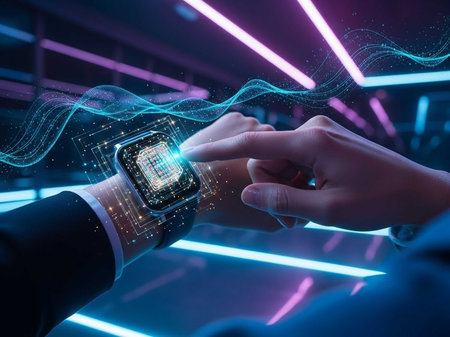 Close-up of a smartwatch with circuit board displayの写真素材