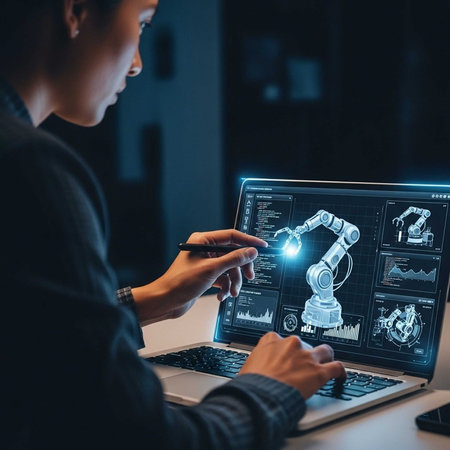 Person using laptop with robotic arm design and data