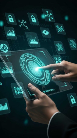 Hands interacting with a tablet displaying a fingerprint scan
