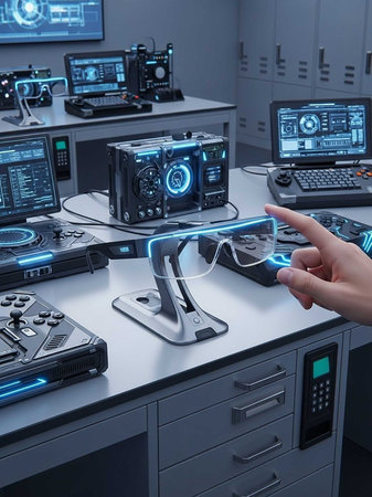 High-tech computer workstation with holographic interface