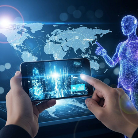 Hands holding smartphone displaying holographic map, futuristic interfaceの写真素材