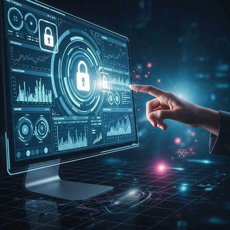 Hand touching screen with cybersecurity data and lock icon