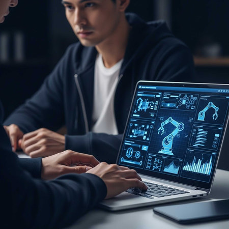 Two people reviewing robotic arm data on laptop