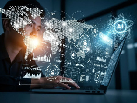 Professional using laptop with digital holograms of data analytics