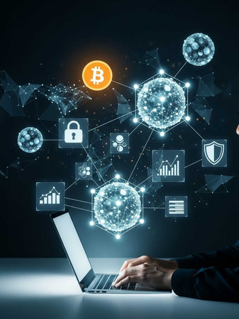 Laptop user with digital icons of blockchain, cryptocurrency, and security