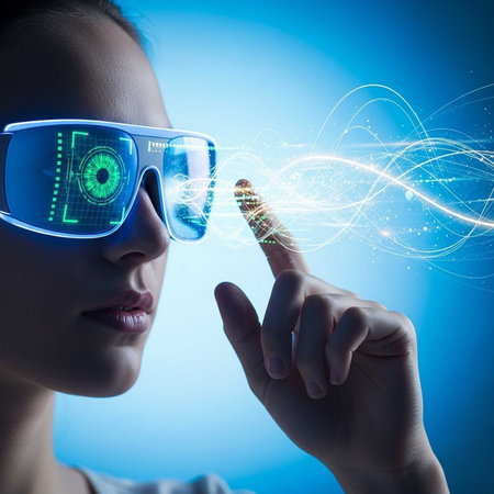 Person with blue VR glasses touching a glowing hologram