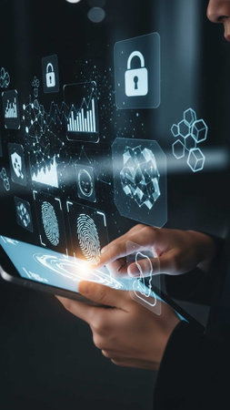 Hands using tablet with holographic security icons