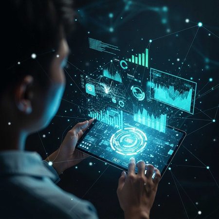 Man using tablet with holographic data graphics