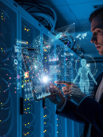 Man using smartphones with holographic interfaces and data visualizationsの写真素材