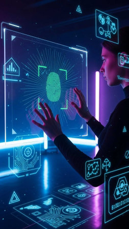 Person using holographic interface with fingerprint scan