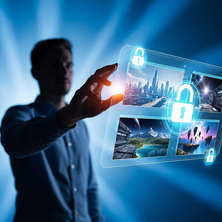 Businessman touching virtual locked screens with cityscapes