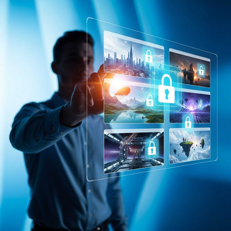 Businessman touching holographic screens with security iconsの写真素材