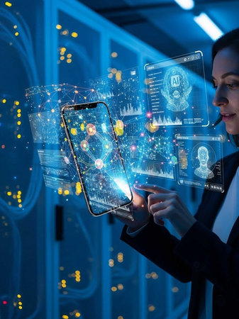 Person using smartphone with holographic displays in futuristic blue setting