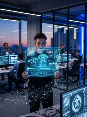 Businessperson using holographic interface in futuristic office setting