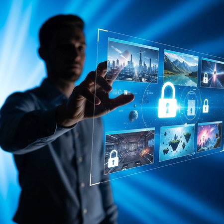 Person touching virtual screens with security icons