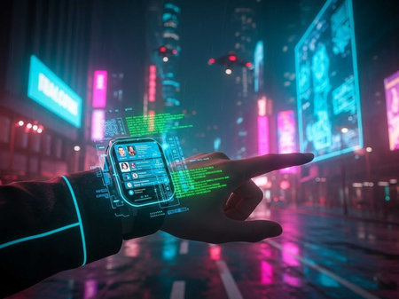 Gloved hand interacting with holographic smartwatch in vibrant city night scene