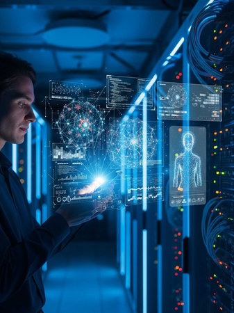 Professional using holographic interface in high-tech server environment