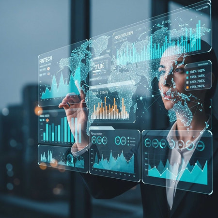 Woman in suit using holographic screens with charts