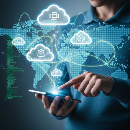 Man interacting with holographic cloud icons over world map