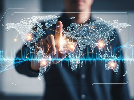 Businessperson touching a digital global network
