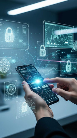 Hands holding smartphone displaying data with holographic security icons