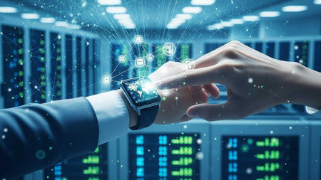 Hands interacting with smartwatch displaying data in server roomの写真素材