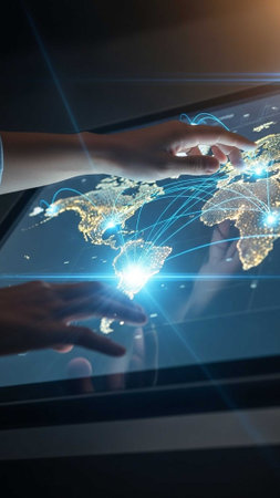 Two hands manipulating a glowing world mapの写真素材