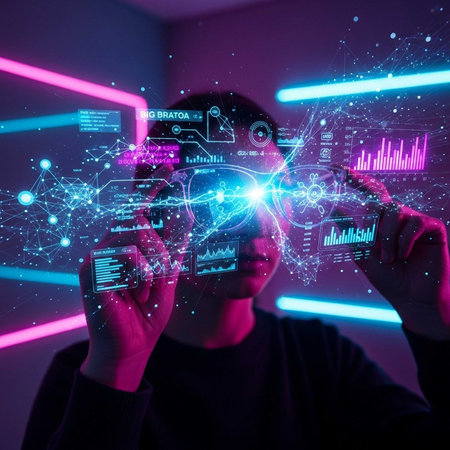 Man using VR glasses with holographic screensの写真素材