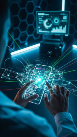 Hands using a smartphone with holographic displayの写真素材