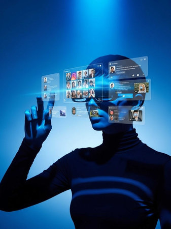 Silhouette of woman using holographic screens with social media profilesの写真素材