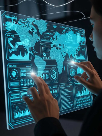 Hands touching a holographic screen with global data